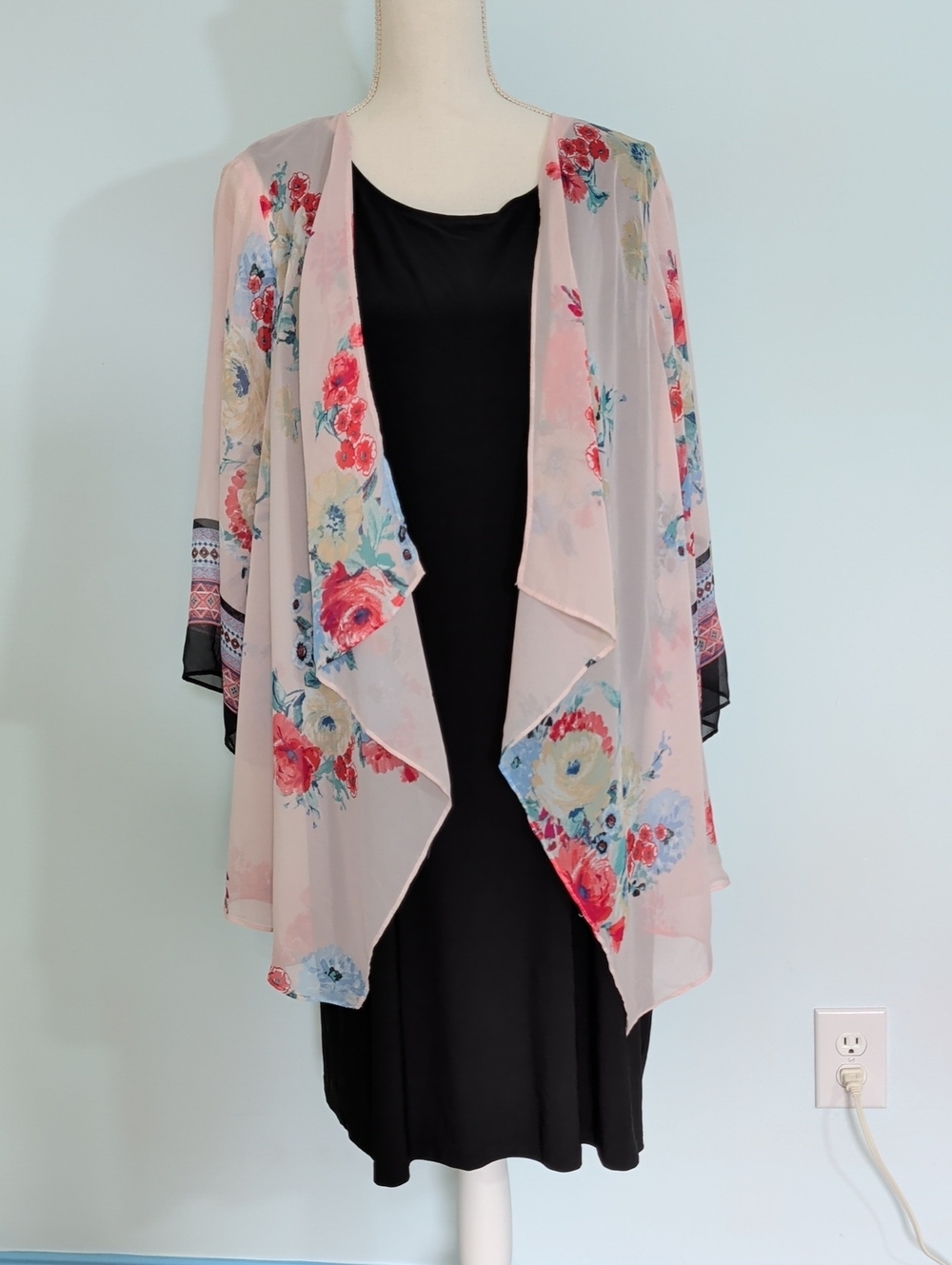 Sandra Darren Black Dress with sheer Pink Floral Chiffon kimono Fairy Whimsy